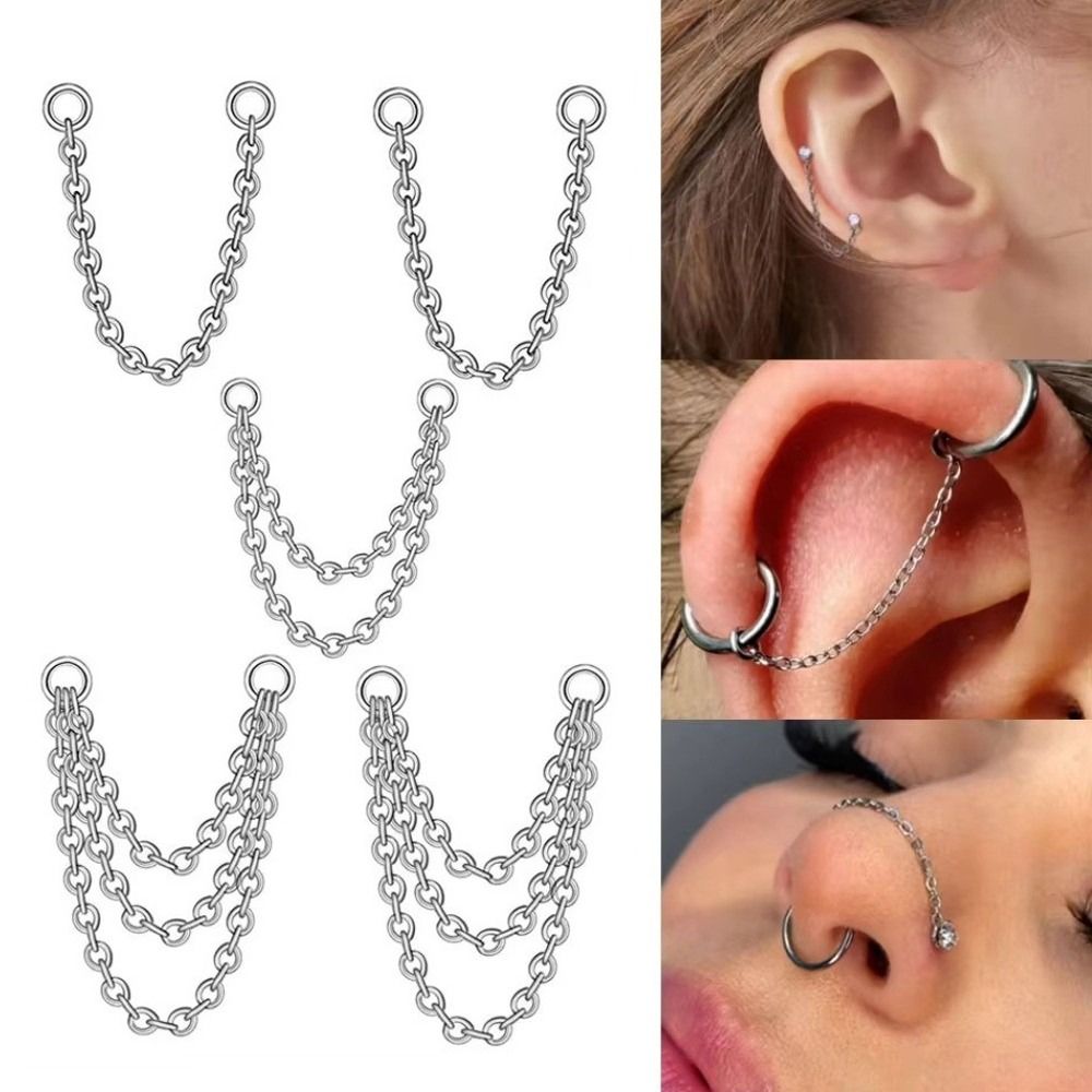 Body Jewelry Ear - Tytanowy łańcuszek do nosa, trójwarstwowy łańcuszek,